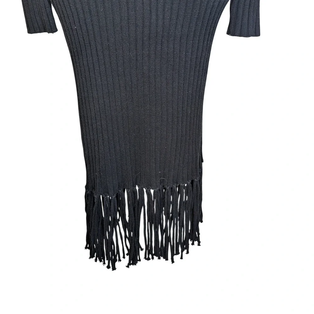 H&M Ribbed Knit Long Sleeve Midi Dress Boho Fringe‎ Bottom Black Whimsygoth  S - Picture 2 of 8